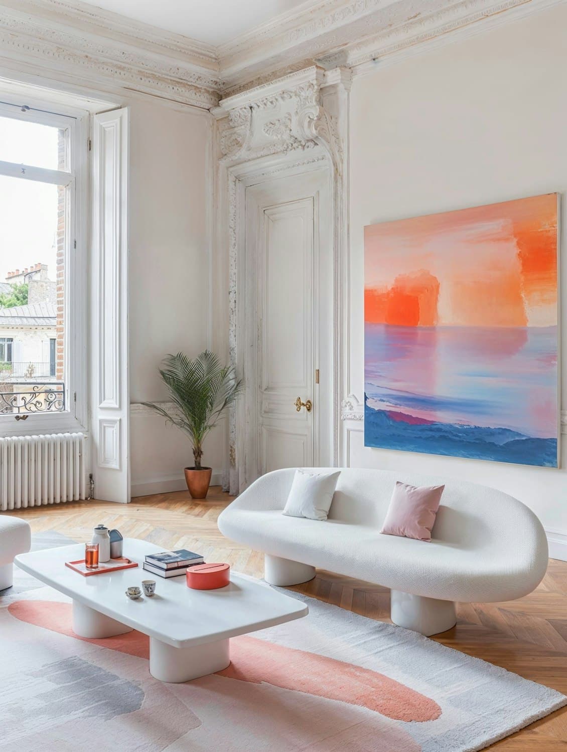 Wohnzimmer mit frisch gestrichenen Wänden und Stuckdecke