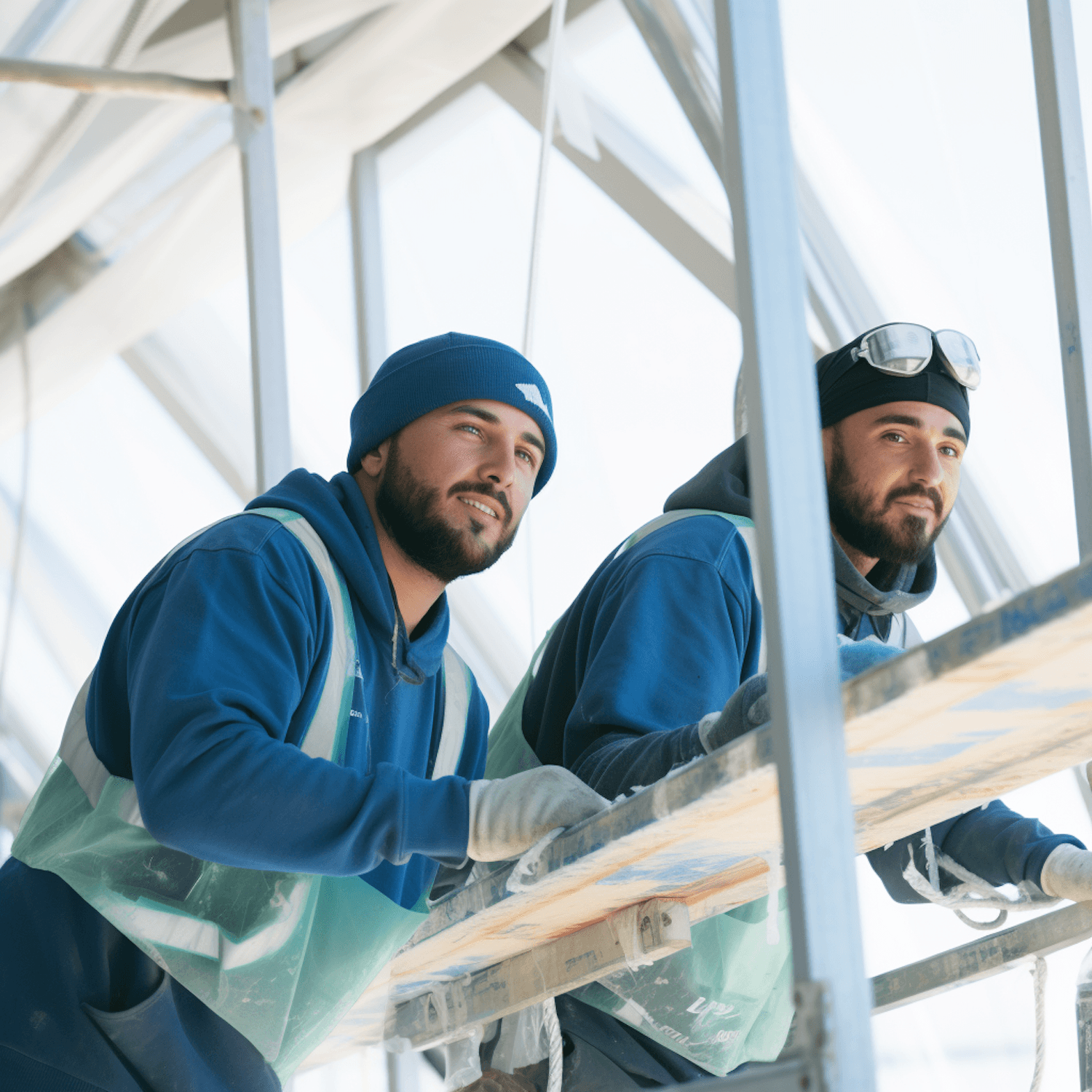 Zwei Mitarbeiter des Malereibetriebs bei Arbeiten am Gerüst